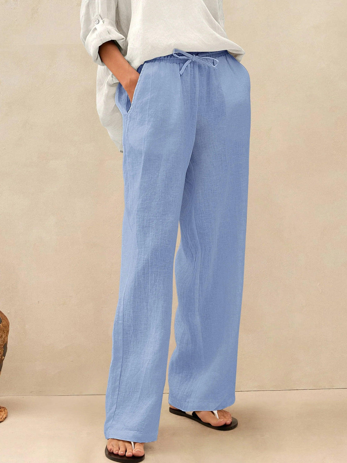 Women's 100% Linen Straight Leg Pants - Full Elastic Waist