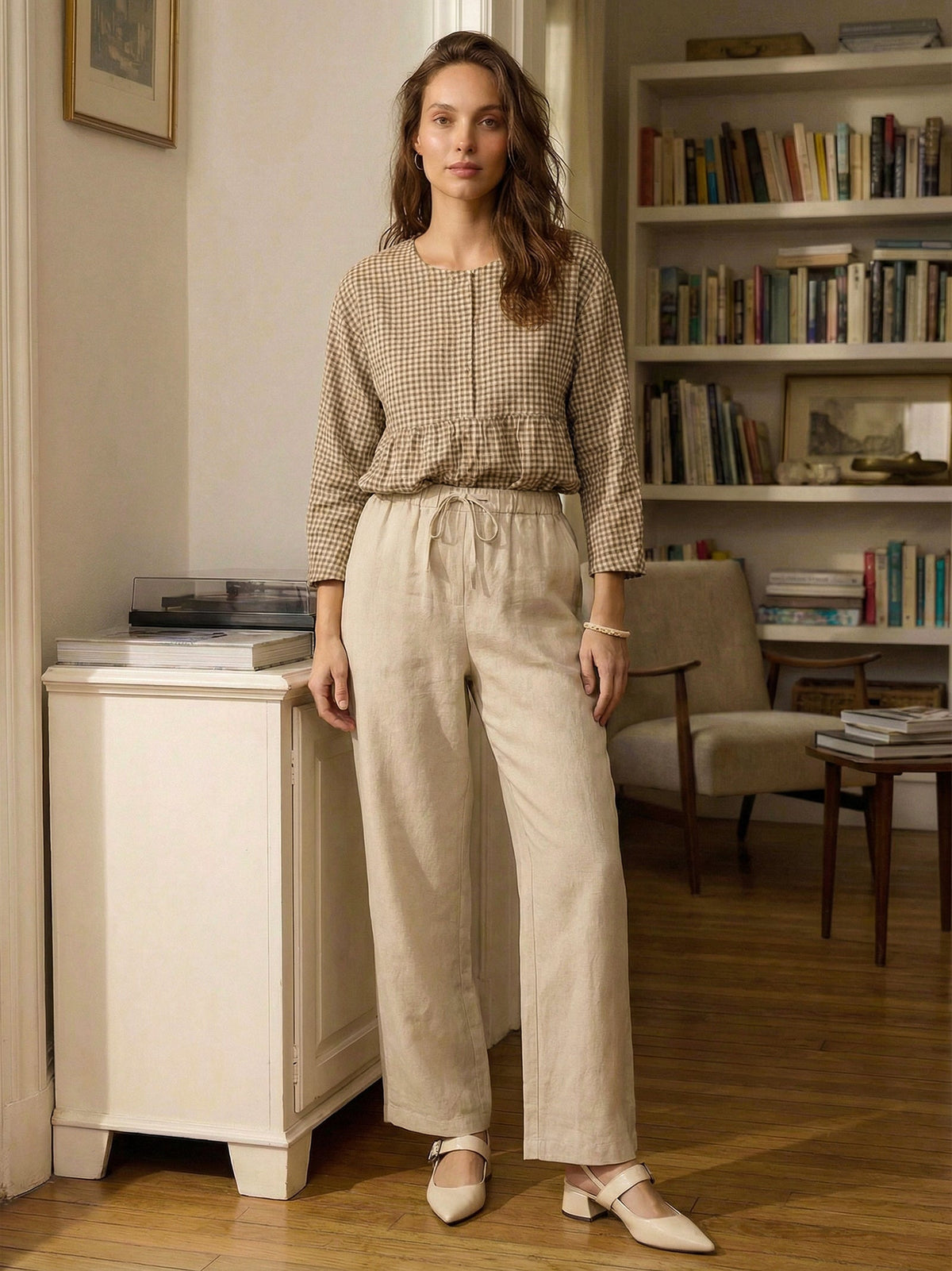 Women's 100% Linen Straight Leg Pants - Full Elastic Waist