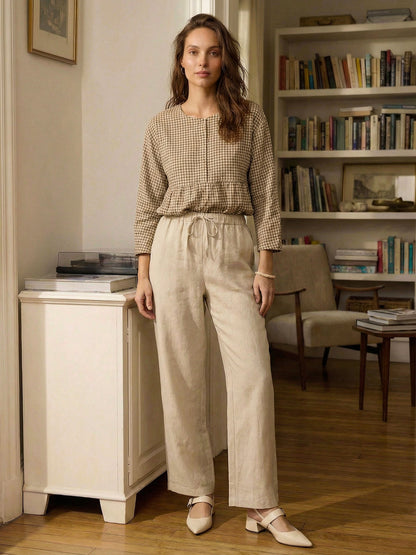 Women's 100% Linen Straight Leg Pants - Full Elastic Waist