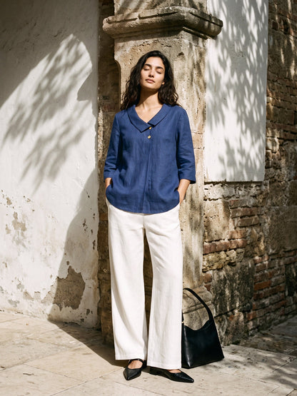Women's 100% Linen Straight Leg Pants - Full Elastic Waist