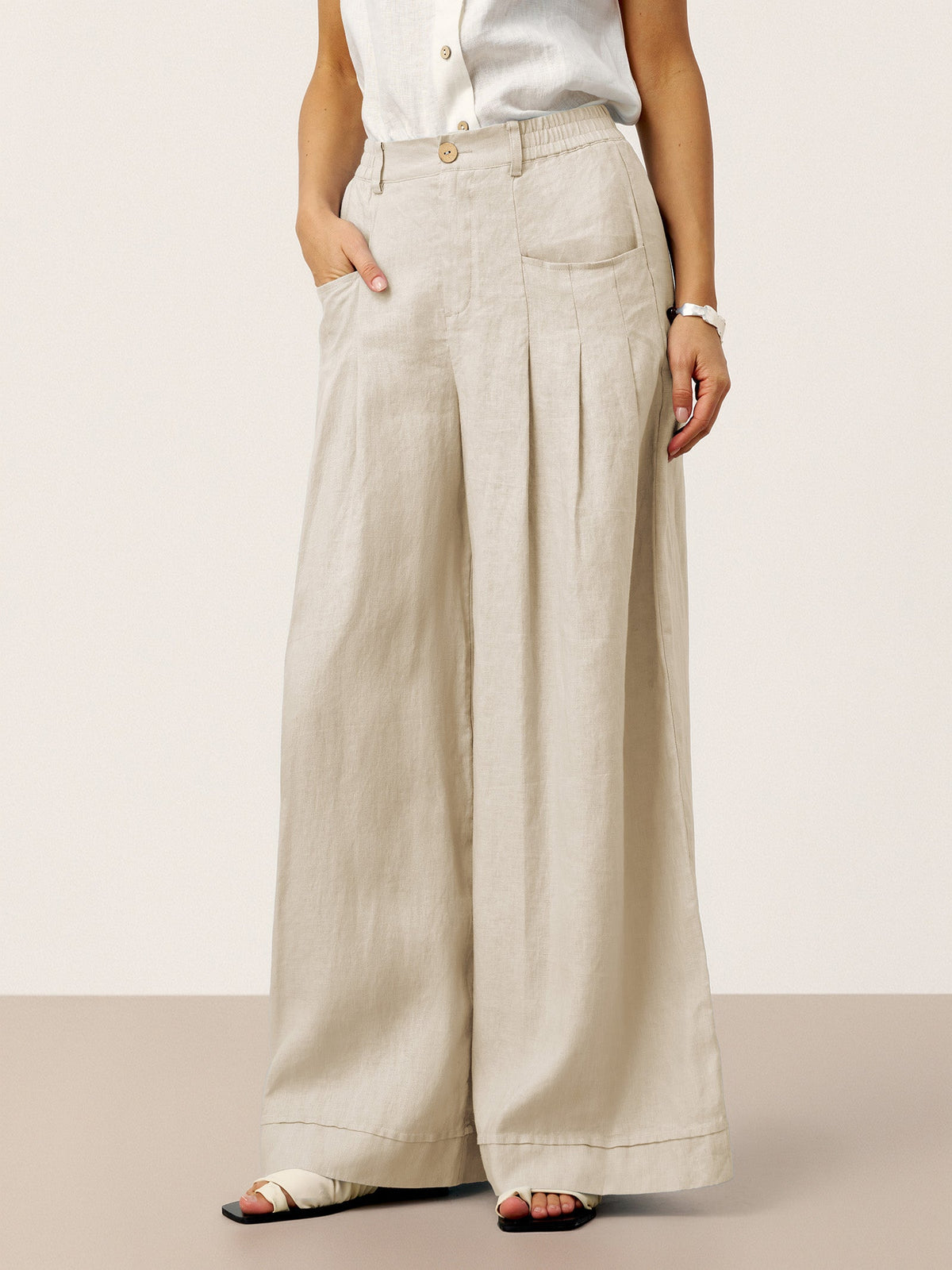 Women's Linen Wide Leg Pants with Welt Pockets - High Rise