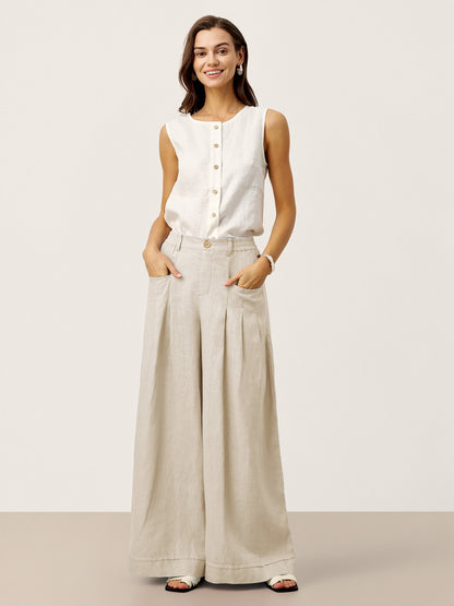 Women's Linen Wide Leg Pants with Welt Pockets - High Rise