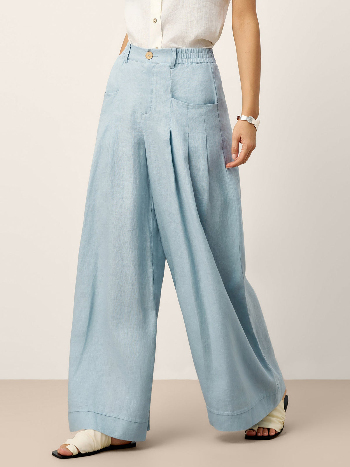 Women's Linen Wide Leg Pants with Welt Pockets - High Rise