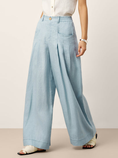 Women's Linen Wide Leg Pants with Welt Pockets - High Rise