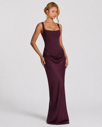 Women's Corset Maxi Dress - Square Neck Draped Evening Gown