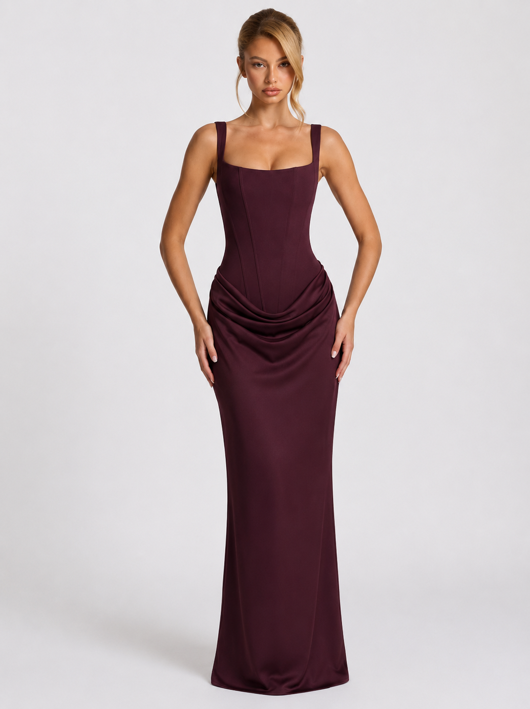 Women's Corset Maxi Dress - Square Neck Draped Evening Gown