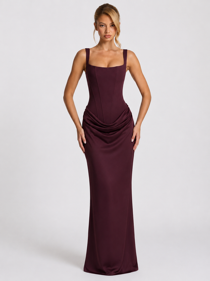 Women's Corset Maxi Dress - Square Neck Draped Evening Gown