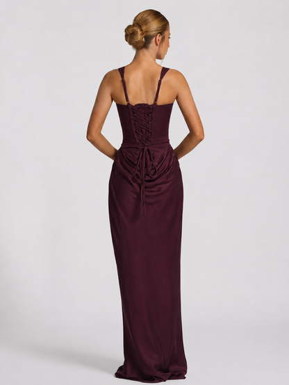 Women's Corset Maxi Dress - Square Neck Draped Evening Gown