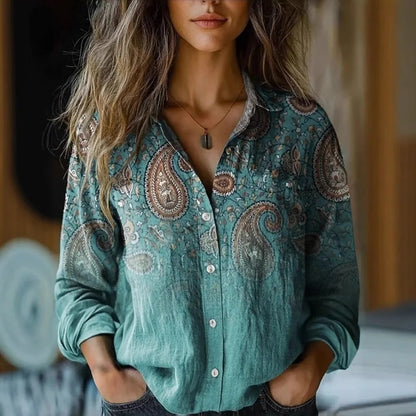 Women's Boho Print Long Sleeve Blouse - Paisley Button-Up