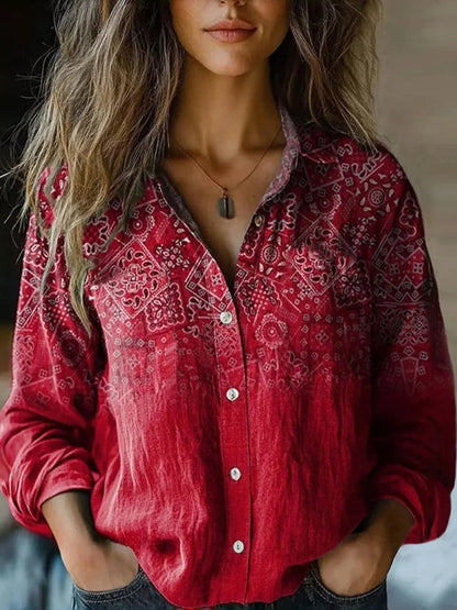 Women's Boho Print Long Sleeve Blouse - Paisley Button-Up