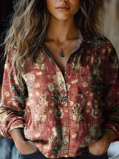 Women's Boho Print Long Sleeve Blouse - Paisley Button-Up