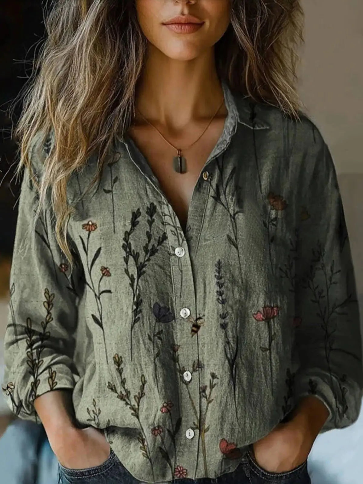 Women's Boho Print Long Sleeve Blouse - Paisley Button-Up