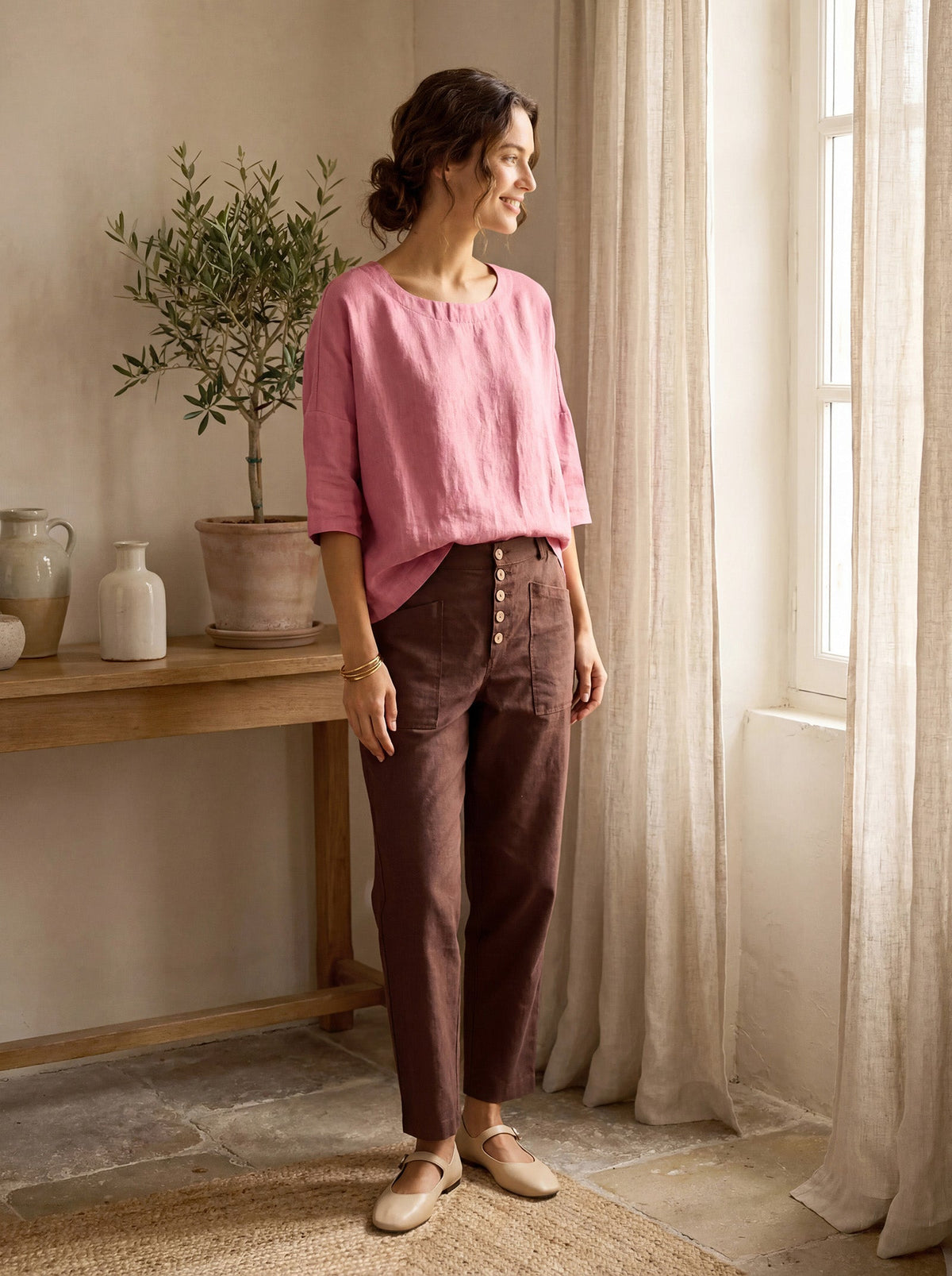Women's Linen Blend Straight Leg Trousers - Patch Pockets