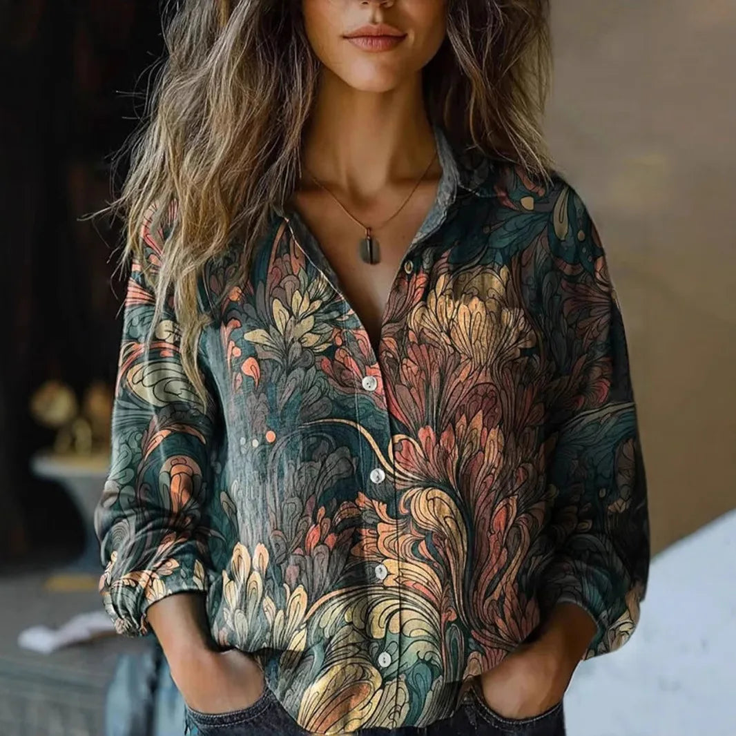 Women's Boho Print Long Sleeve Blouse - Paisley Button-Up