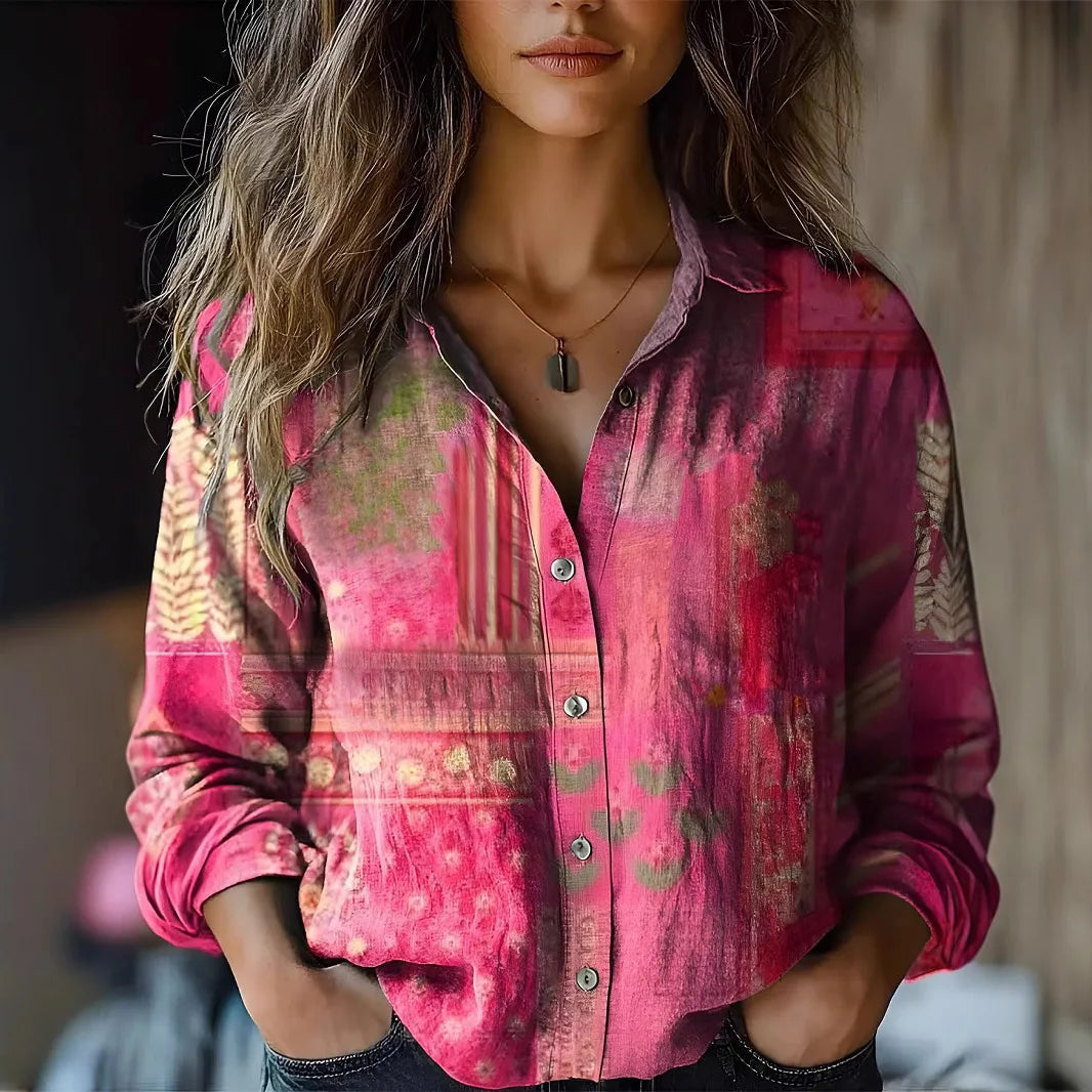 Women's Boho Print Long Sleeve Blouse - Paisley Button-Up