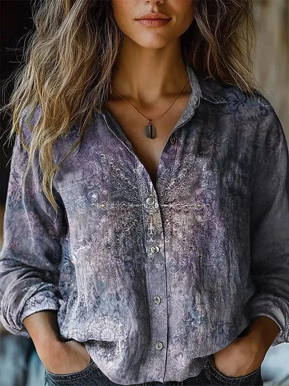 Women's Boho Print Long Sleeve Blouse - Paisley Button-Up