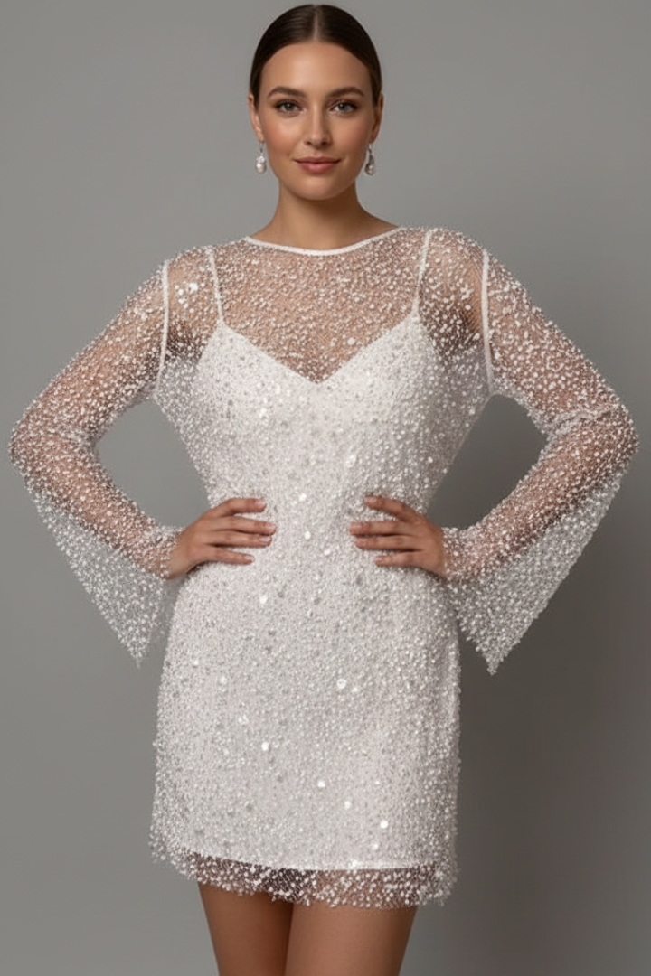 Women's Mesh Overlay Mini Dress - Long Sleeve Party Dress
