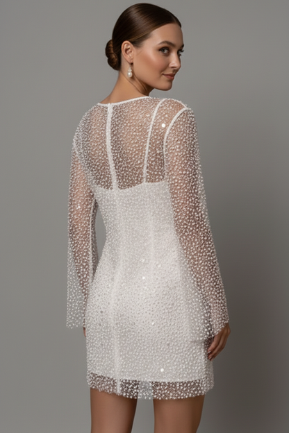 Women's Mesh Overlay Mini Dress - Long Sleeve Party Dress