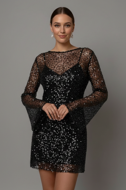 Women's Mesh Overlay Mini Dress - Long Sleeve Party Dress