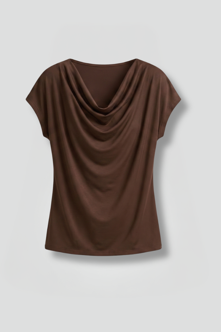Women's Cowl Neck Draped Blouse - Short Sleeve Relaxed Top