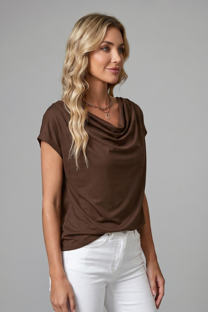 Women's Cowl Neck Draped Blouse - Short Sleeve Relaxed Top