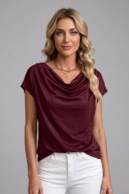 Women's Cowl Neck Draped Blouse - Short Sleeve Relaxed Top