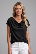 Women's Cowl Neck Draped Blouse - Short Sleeve Relaxed Top