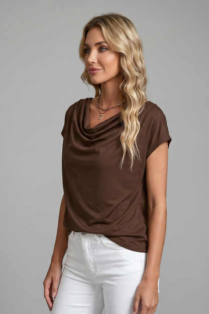 Women's Cowl Neck Draped Blouse - Short Sleeve Relaxed Top