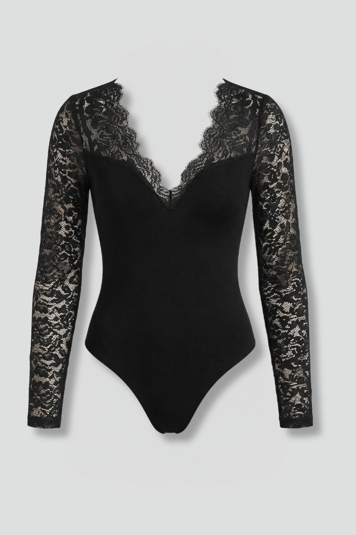 Women's Black Lace Blouse - V Neck Long Sleeve Slim Fit Top