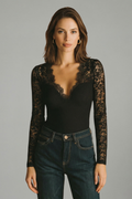 Women's Black Lace Blouse - V Neck Long Sleeve Slim Fit Top