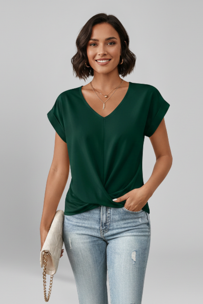 Women's V Neck Short Sleeve Blouse - Relaxed Pullover Top