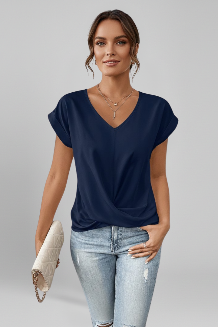 Women's V Neck Short Sleeve Blouse - Relaxed Pullover Top