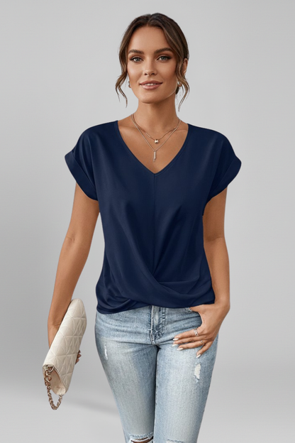 Women's V Neck Short Sleeve Blouse - Relaxed Pullover Top