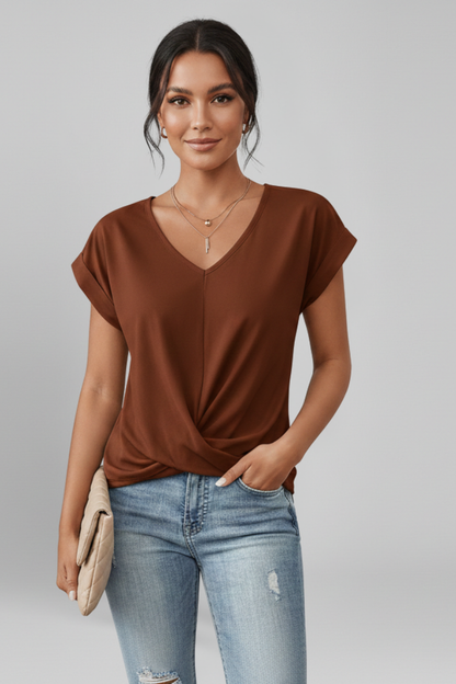 Women's V Neck Short Sleeve Blouse - Relaxed Pullover Top