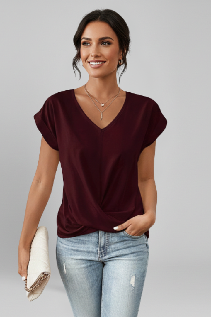 Women's V Neck Short Sleeve Blouse - Relaxed Pullover Top