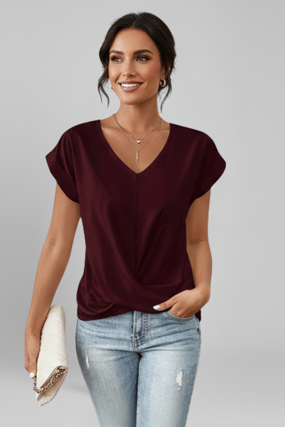 Women's V Neck Short Sleeve Blouse - Relaxed Pullover Top