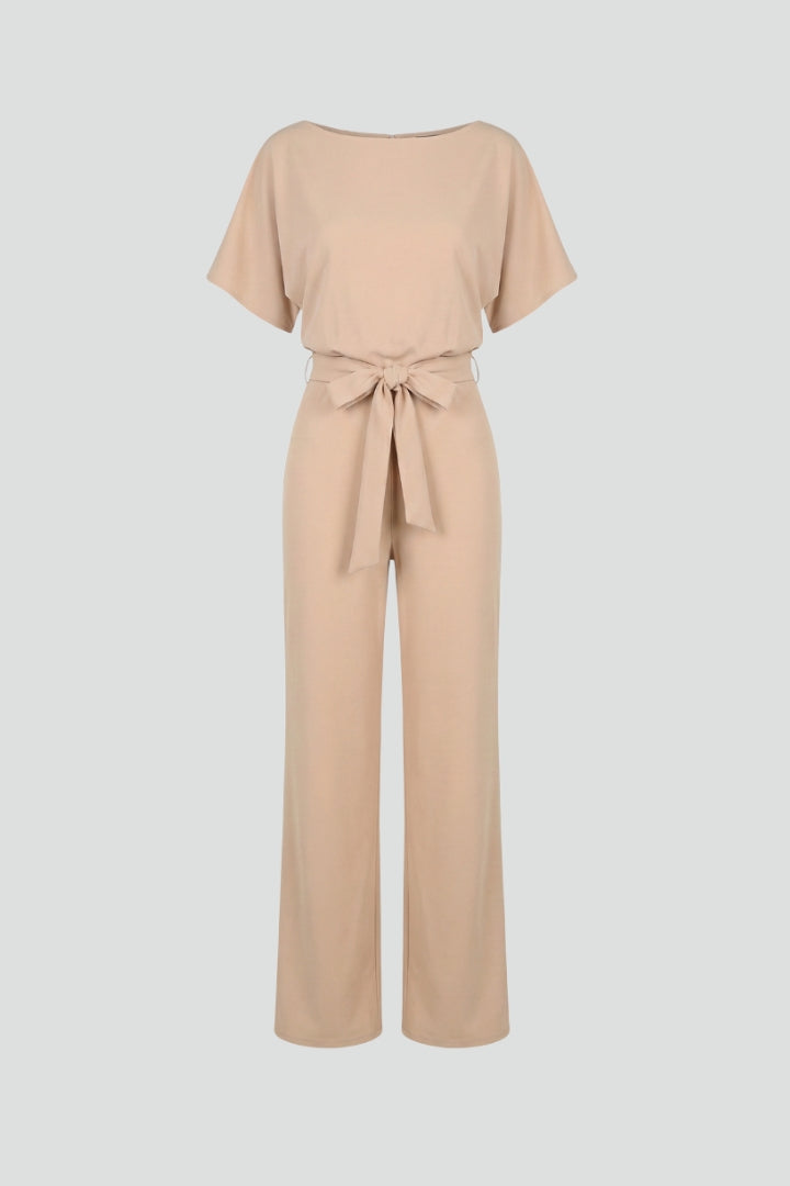 Women's Wide Leg Jumpsuit - Belted Short Sleeve One Piece