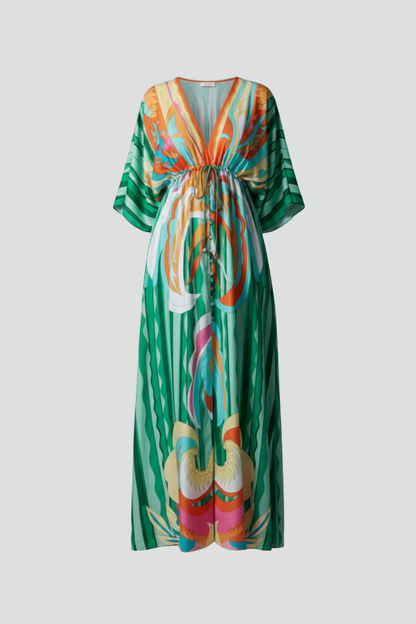 Women's Maxi Dress - V Neck Tie Waist Batwing Sleeve Print