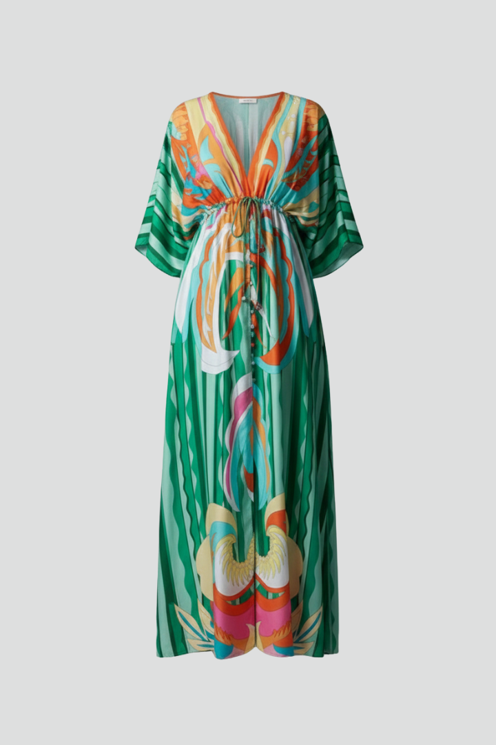 Women's Maxi Dress - V Neck Tie Waist Batwing Sleeve Print