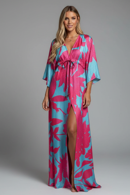 Women's Maxi Dress - V Neck Tie Waist Batwing Sleeve Print