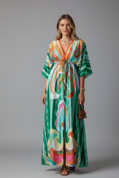 Women's Maxi Dress - V Neck Tie Waist Batwing Sleeve Print
