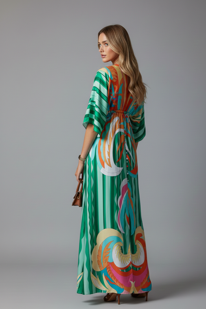 Women's Maxi Dress - V Neck Tie Waist Batwing Sleeve Print