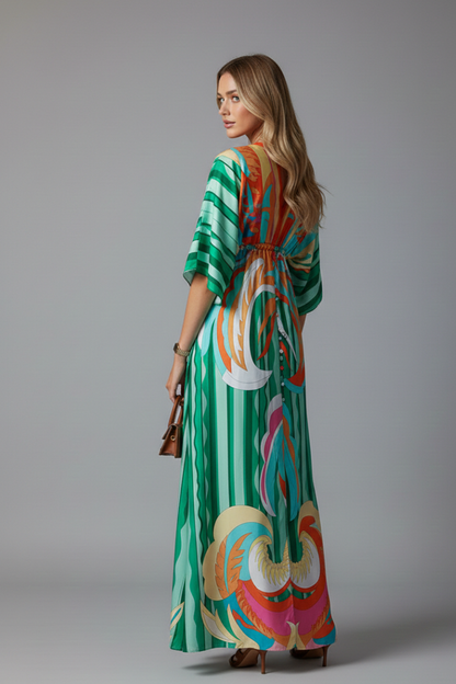 Women's Maxi Dress - V Neck Tie Waist Batwing Sleeve Print