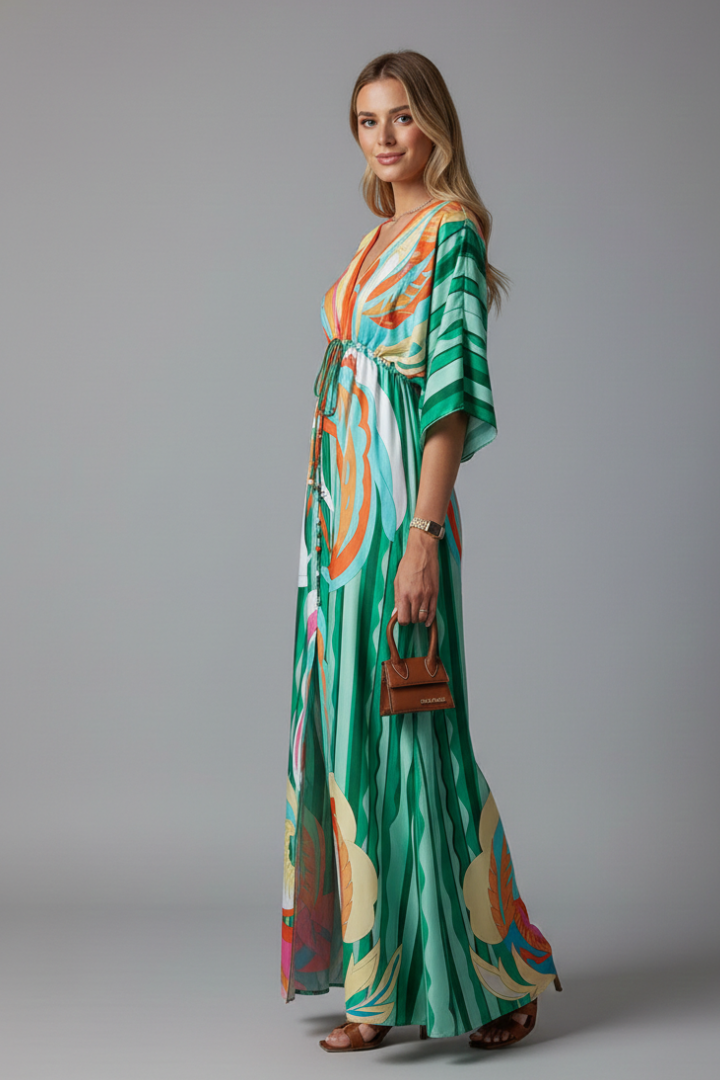 Women's Maxi Dress - V Neck Tie Waist Batwing Sleeve Print