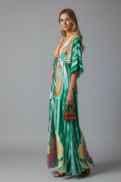 Women's Maxi Dress - V Neck Tie Waist Batwing Sleeve Print