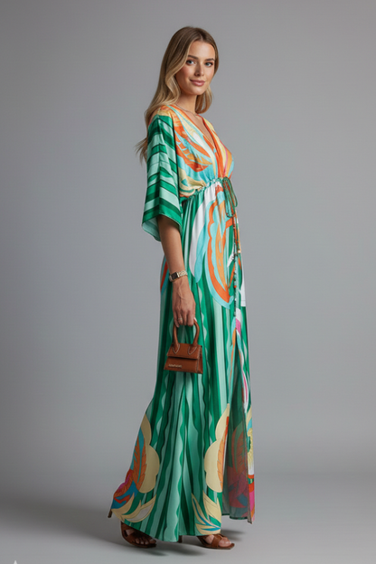 Women's Maxi Dress - V Neck Tie Waist Batwing Sleeve Print