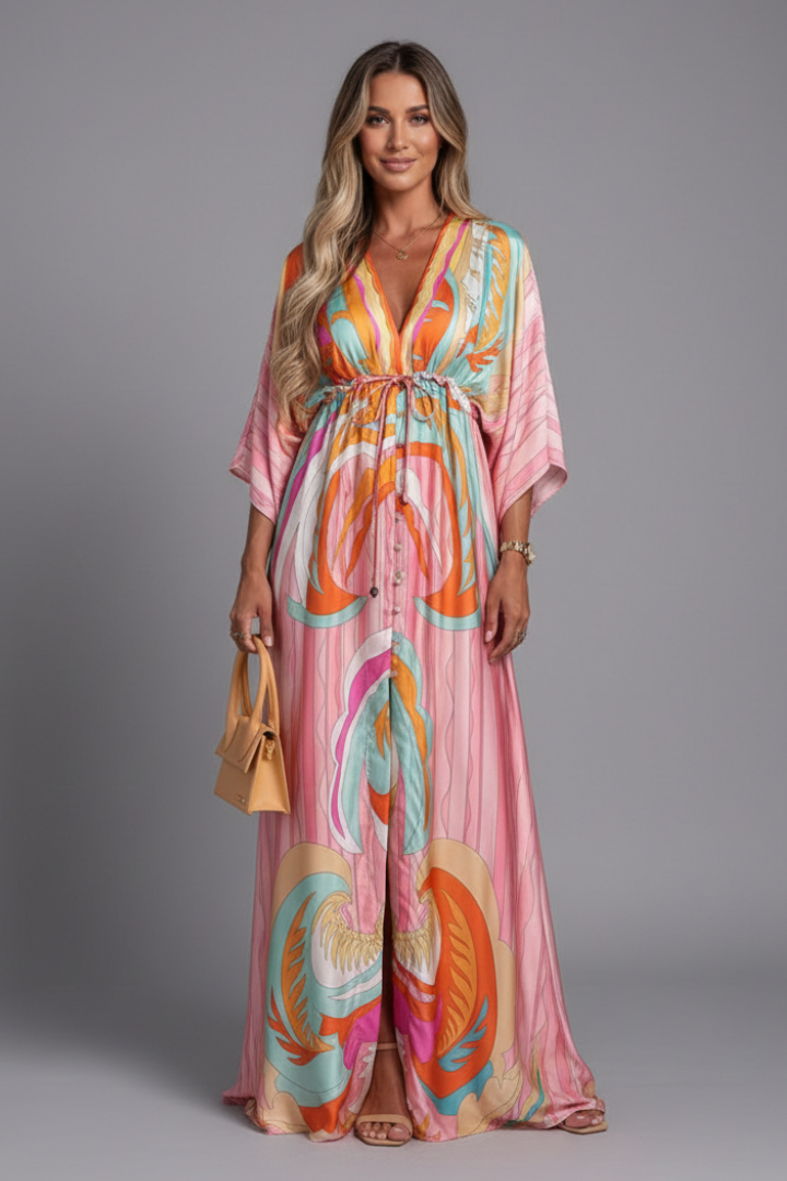 Women's Maxi Dress - V Neck Tie Waist Batwing Sleeve Print