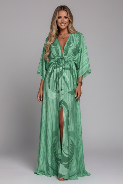 Women's Maxi Dress - V Neck Tie Waist Batwing Sleeve Print
