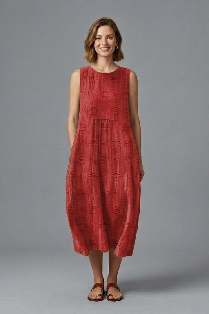 Women's Sleeveless Midi Dress - Round Neck Pockets Textured