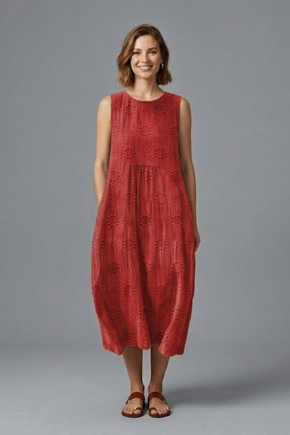 Women's Sleeveless Midi Dress - Round Neck Pockets Textured
